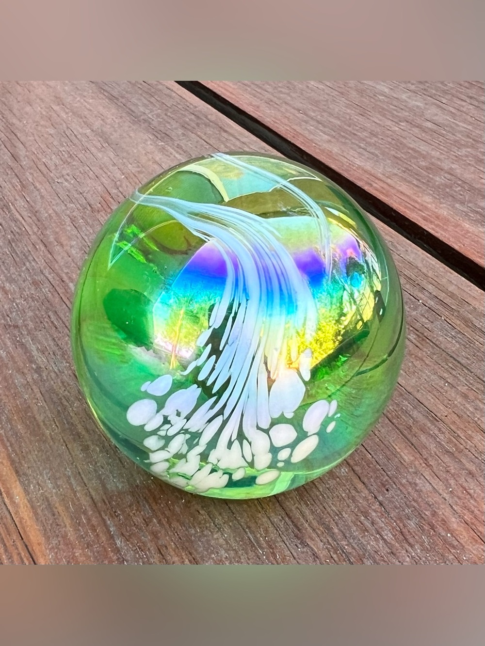 Vintage Iridescent Green and White Swirl Pulled Feather Design Round Paperweight
